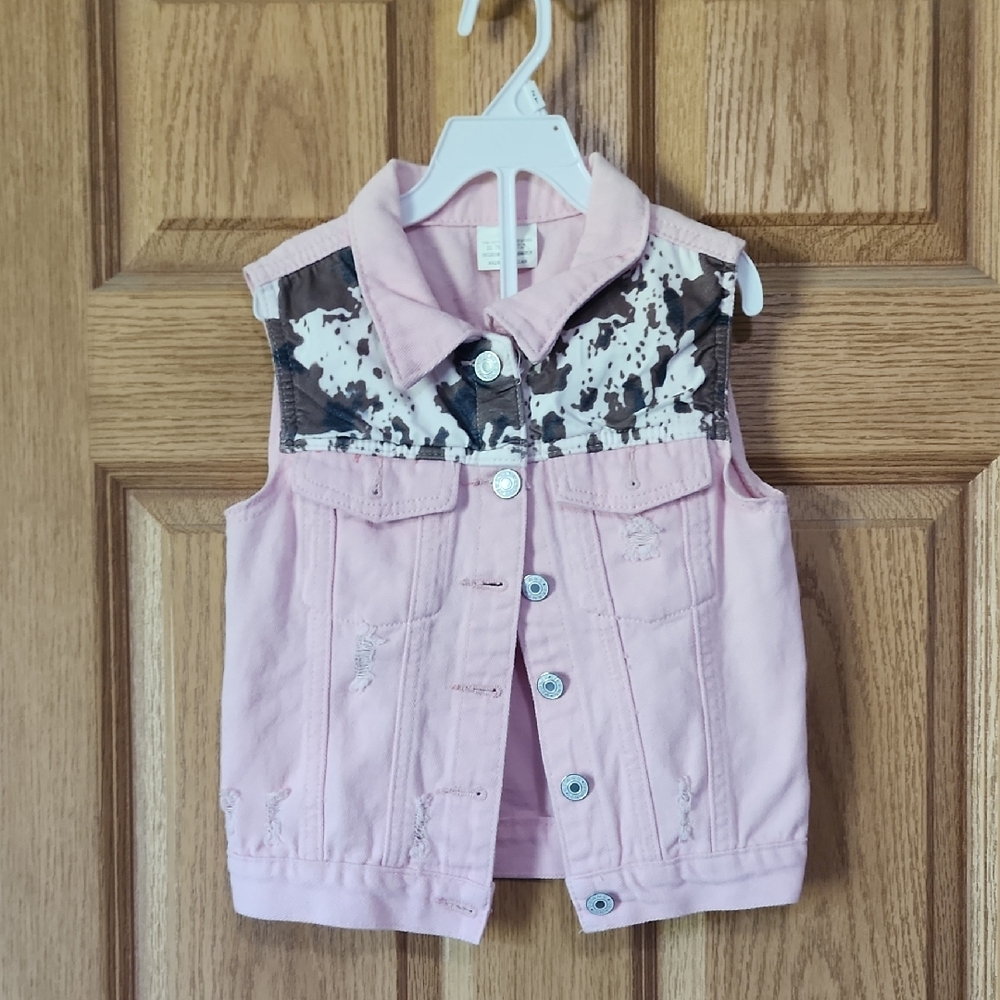 Pink and Black Floral Denim Vest